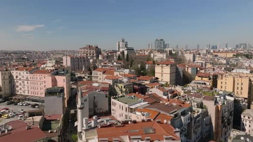 Forwards Fly Above Buildings in Residential Urban Neighborhood in Metropolis Dense Town Development