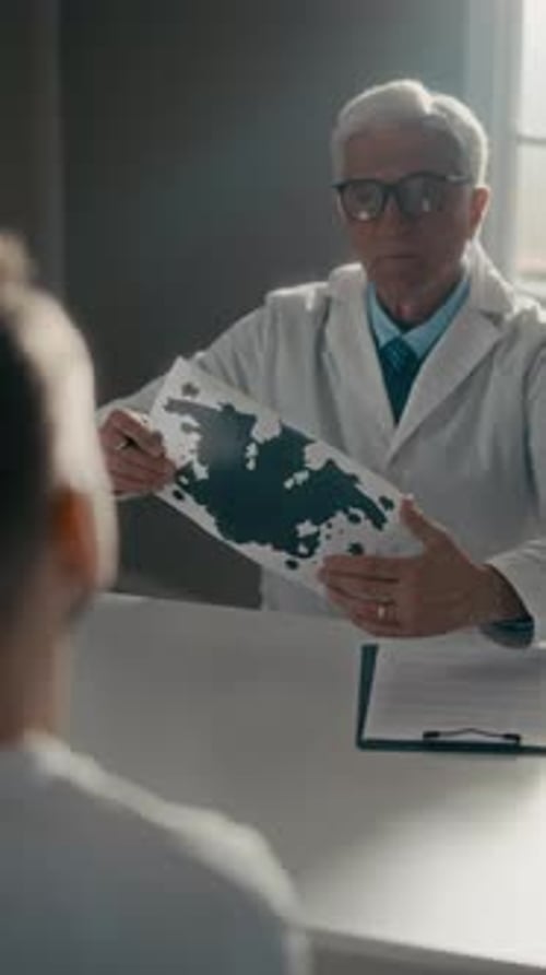 Psiquiatra sénior realiza una prueba de mancha de tinta de Rorschach con un paciente masculino