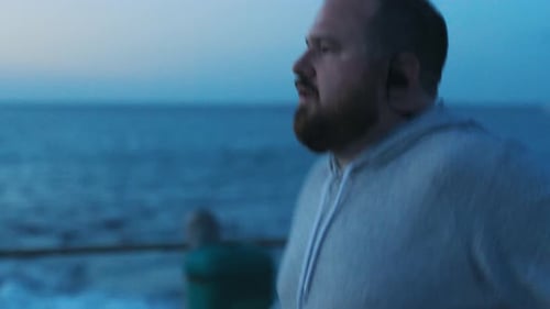 Man running, plus size and beach workout Spain for healthy lifestyle, overweight body