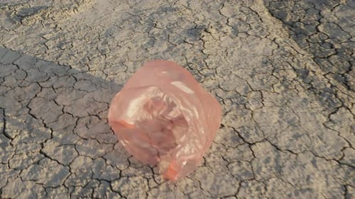 Una bolsa de plástico vuela en tierra seca: desastre ambiental