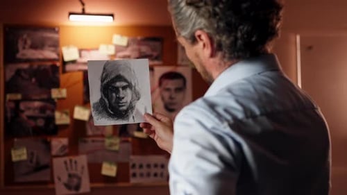 in the Detective's Office Middleaged Investigator in a Shirt and Tie Examines with a Magnifying