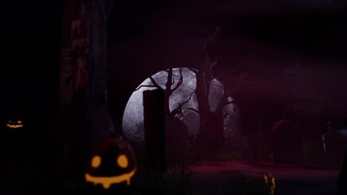Spooky Halloween Night Graveyard with Glowing Pumpkins Animation