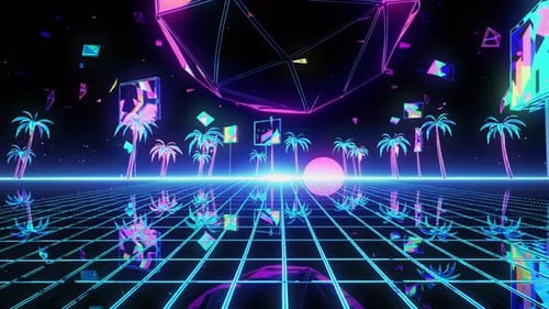 Retro Neon Grid Background with Palm Trees and Geometric Shapes