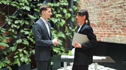 Business Meeting Professional Man and Woman Discuss Strategy in Modern Office