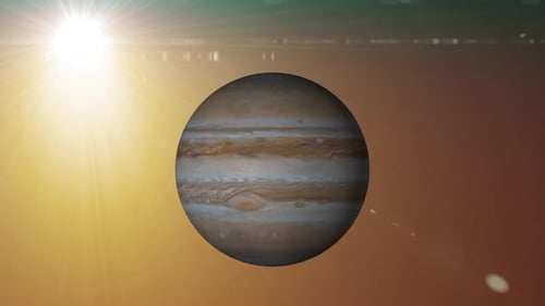 View of Planet Jupiter Rotating from Outer Space, View on Sun Revolving around Jupiter planet. 1664