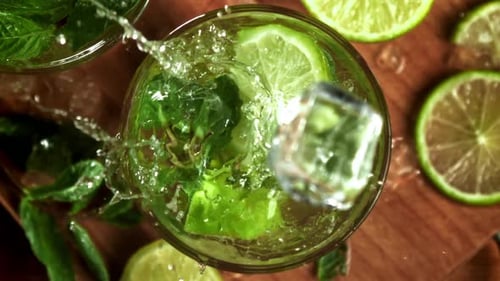 Ice Falls Into a Mojito Cocktail Filmed on a Highspeed Camera at 1000 Fps