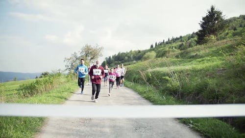Group Running Race on Rural Road in Daytime