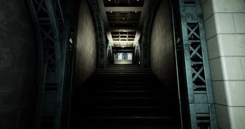 Treppe, die zu einem beleuchteten Raum in einer architektonischen Struktur führt