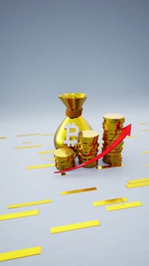 Vertical Golden Money Bag With A Bitcoin Symbol And Increasing Coins Including Red Upward Arrow