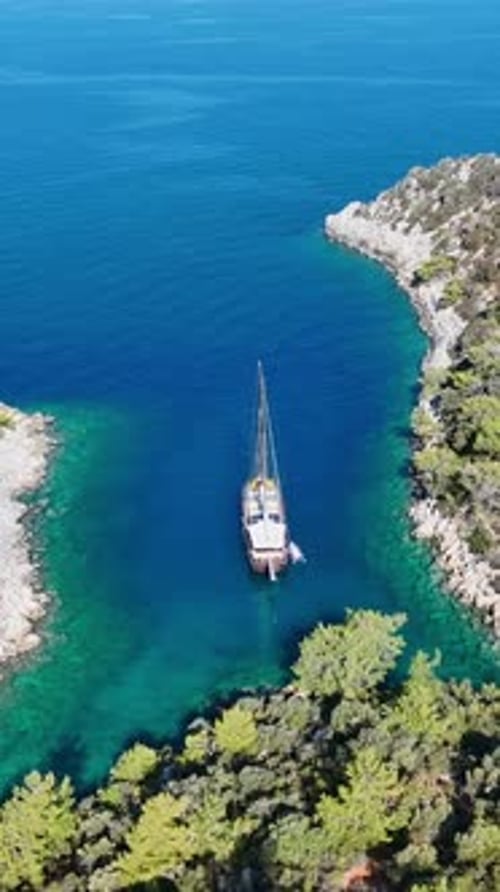 Drone view of wooden gulet at sea