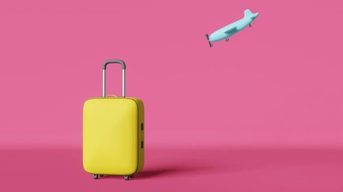 Yellow suitcase flying airplane 3d animation loop purple background Modern creative travel journey
