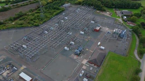 Aerial view of electricity substation, United Kingdom.