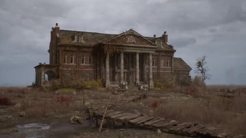 Eerie Abandoned Mansion with Overcast Sky and Cinematic Camera Pan