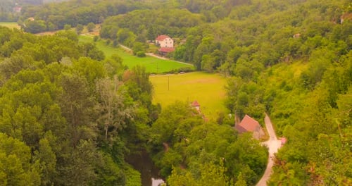 Countryside shot of green landscape of Geopark in France. Quercy.