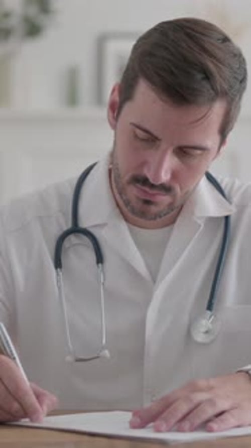 Tense Young Man Trying to Write on Paper in Office, Vertical Video