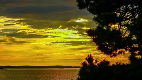 Sunset over the lake near the shore in timelapse with dark clouds movement over yellow sky.