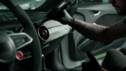 Man Cleaning Car Interior with Small Brush