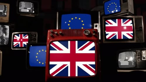 Vintage Televisions with Union Jack and EU Flags