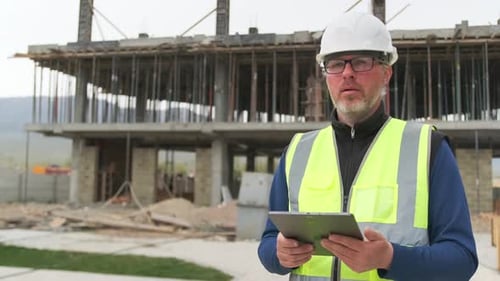 Focused engineer man architect occupation with tablet in hands looks away checking to do list
