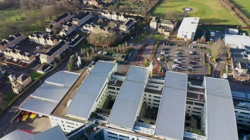 Aerial drone footage of main building of the Pinderfields Hospital, located in Wakefield Yorkshire