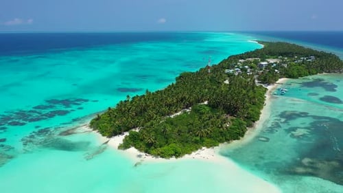 Vista aérea de una paradisíaca isla tropical cubierta por un denso bosque de palmeras