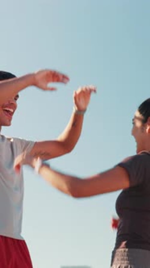 High five, watch and people in city for exercise, marathon training and tracking cardio workout