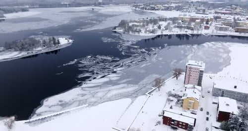 Aerial view of ice blocks on lake Saimaa, in front of Savonlinna, winter in Finland