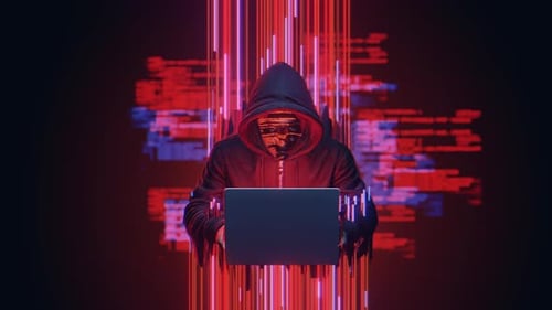 Hooded Hacker with Laptop and Futuristic Data Stream