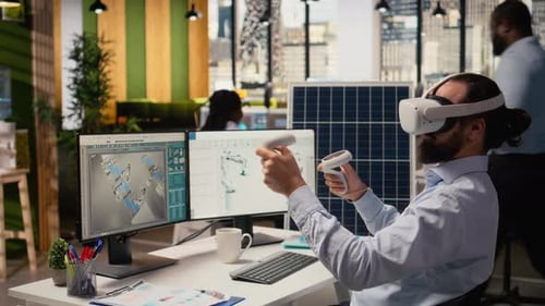 RD Department Researcher Using VR Headset to Study Solar Clean Energy Systems