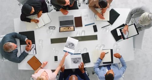 Meeting, teamwork and planning with technology in office with business people working on innovation