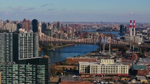 Aerial View of the East River and Roosevelt Island Featuring the Queensboro Bridge Queens Borough