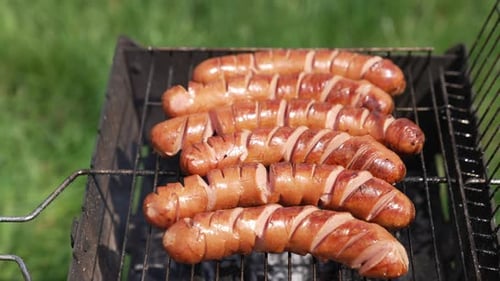 Tasty sausages on a grill grate.