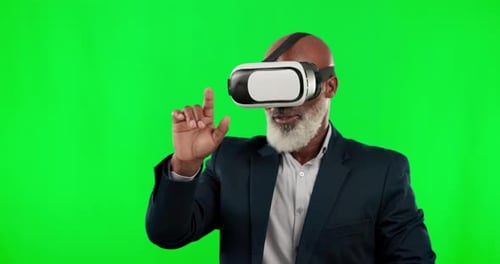 VR, green screen and black man isolated on studio background metaverse, futuristic