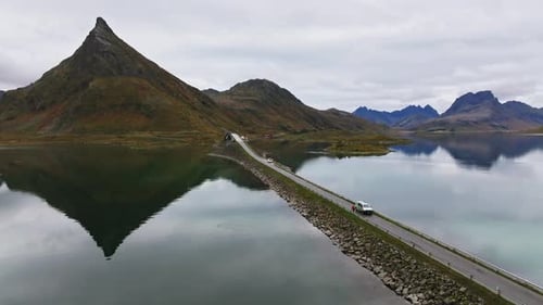 Bridge in Lofoten Islands North Norway with Majestic Mountains in the Background