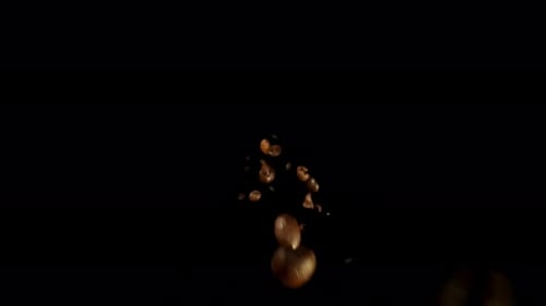 Bottom View Isolated Slow Motion Macro Shooting Capturing Lots of Dark Coffee Beans Falling Down to