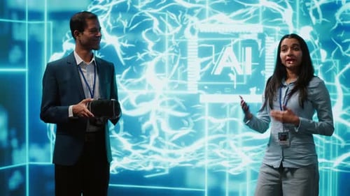 Tech Experts Presenting VR Headset and AI Tech During Summit Presentation