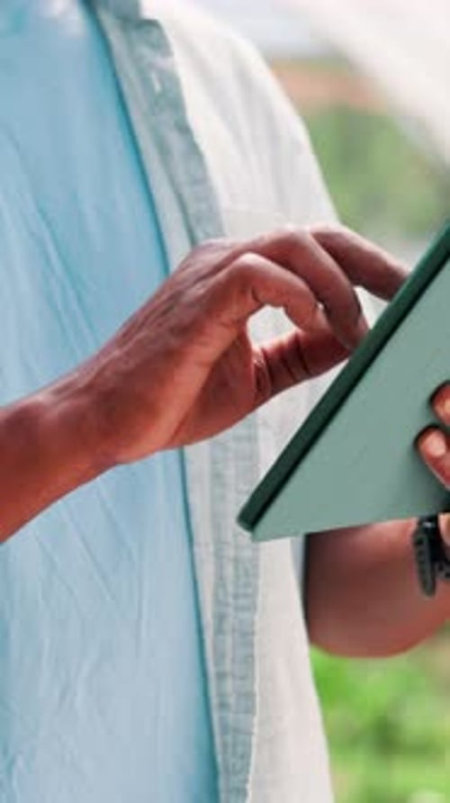 Hands, tablet and greenhouse with inspection on farm, quality assurance