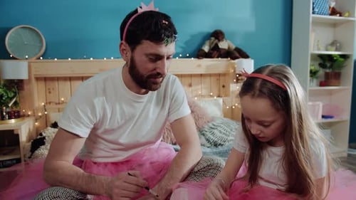 Side View Cute Young Family Applying Cosmetics Preparing for Costume Fancy Party Happy Daddy and His