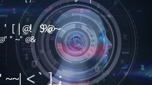 Digital animation of changing symbols over human face model against round scanner on blue background
