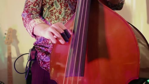 Male Double Bass Player Plucks Strings At Indoor Gig