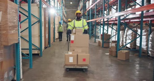 Boxes, man and logistics worker in warehouse for delivery, inventory or order shipping