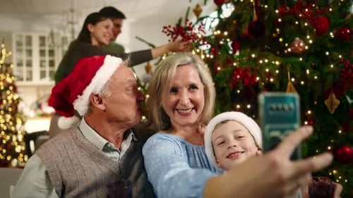 Family Christmas Holiday Selfie by Decorated Tree