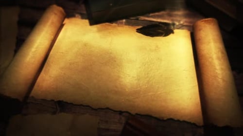 Old Scroll Reveal with Glowing Dust Particles and Books