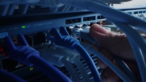 Macro Shot: IT Administrator Plugs in RJ45 Internet Connector into LAN Router Switch. Information C