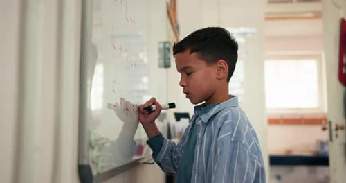 Thinking, student and numbers on whiteboard in class for lesson, maths answer and problem solving