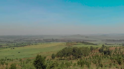 Aerial shot of sugar cane fields in a rural area of Africa.