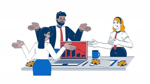 Frustrated business team facing declining performance doodle cartoon animation