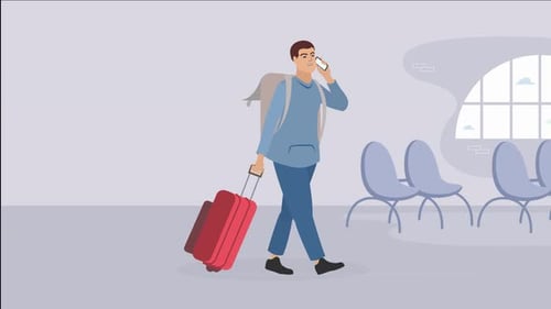 Tourist walking in airport terminal while talking on phone