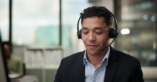 Face, happy and man in telemarketing office for customer service, consulting and business crm