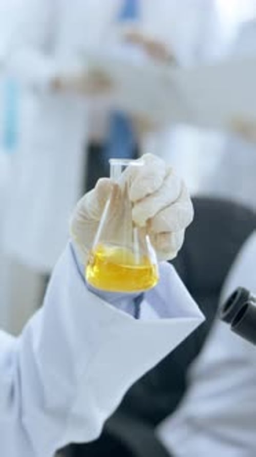 Hands, medical and research with person, chemistry liquid and test results with experiment